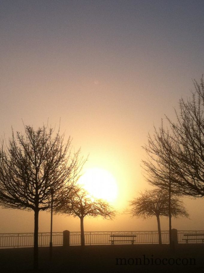 Photo de lever de soleil sur la ville, dans le froid hivernal et la brume, 7h00 a.m lever-de-soleil